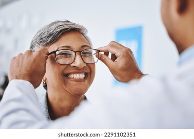 Optometry, smile and woman with prescription glasses, optician and helping client with product. Female person, employee and optometrist assist with eyewear, clear vision and buying new spectacles