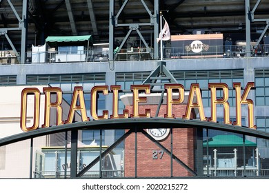 Oracle Park Sign On Baseball Park Located In The South Beach Neighborhood - San Francisco, California, USA - 2021