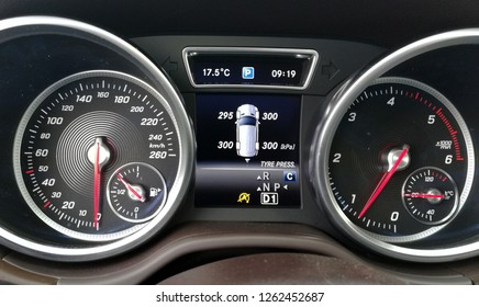 Oradea, Romania - December 19 2018 : Instrument Cluster And Tyre Pressure Display Menu, Photo Session In A Mercedes GLE With Tire Pressure Monitoring System.