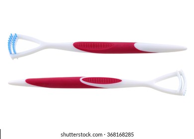 Oral Device In White Color With A Tongue Scrapers (tongue Cleaner) And Blue Brush To Eliminate Bacteria, Isolated On White