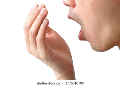 Oral Health Men Use Hands To Check For Bad Breath And Breathe.