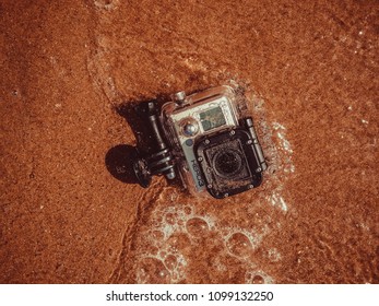 ORAN, ALGERIA - May 2017: Go Pro Camera On The Beach, In The Summer.