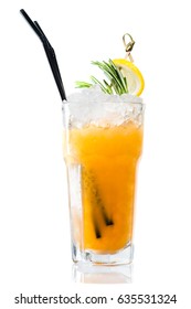 Orange Alcoholic Cocktail Bourbon Sour In Highball With Lemon And Rosemary, Isolated On White Background