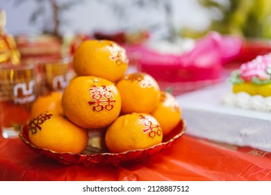 Orange with auspicious Chinese characters meaning double happiness. Auspicious fruit for Chinese wedding ceremonies. - Shutterstock ID 2128887512
