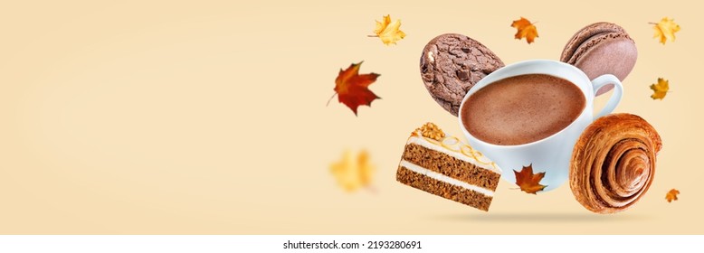 Orange Autumn Background With Hot Chocolate Or Coffee And Sweets, Like Cake; Cookies And Donut. Toning. Selective Focus