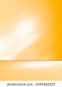 Orange background wall gradient studio room solid podium with shadow leaf on floor, backdrop summer tropical autumn season, stage template platform for presentation product promotion