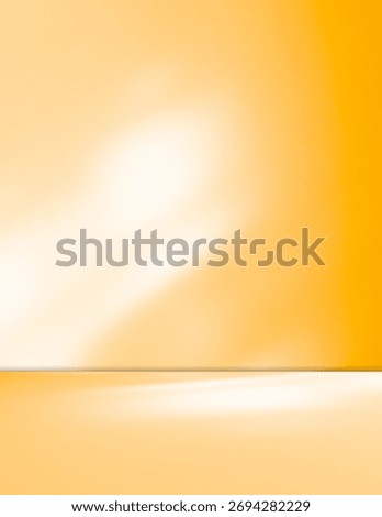 Orange background wall gradient studio room solid podium with shadow leaf on floor, backdrop summer tropical autumn season, stage template platform for presentation product promotion