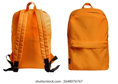 Orange backpack front back view isolated on stock photo