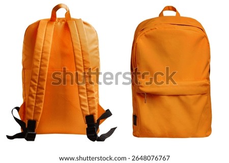 Orange backpack front back view isolated on stock photo