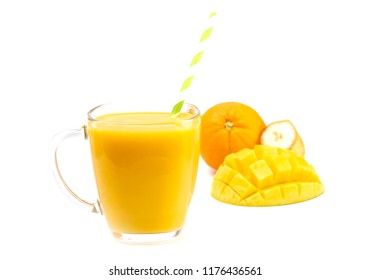 Orange, Banana And Mango Smoothie In A Glass Mug