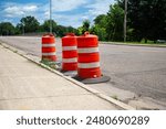 Orange Barrels Road Contruction Work, Yellow Cross Walk Sign, Des Moines River Bridge, Windom Minnesota Road Flooding Barrier, June 2024