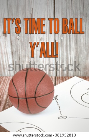An orange basketball on a wood floor in front of a wood wall with set plans is a great image for basketball. Set plans are black on white. Text added. Vintage filter applied to vertical image.