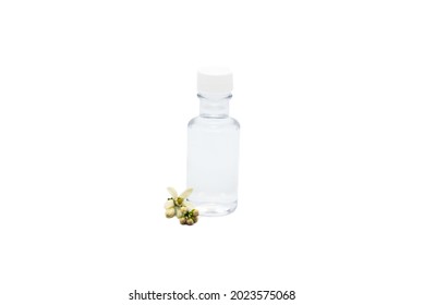 Orange Blossom Water In A Clear Bottle With An Orange Flower Isolated On White Background