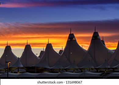 Orange And Blue Bronco Sunset Over The Tents Of Denver International AIrport