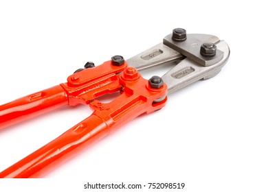 Orange Bolt cutter or clipper for cutting wire or steel bars.The view from the back isolated on white background