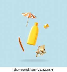 Orange bottle for cosmetics products and beach accessories flying in antigravity on pastel blue background. Levitation. Skincare creative concept. Mockup - Shutterstock ID 2118206576