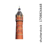 Orange brick, round, neo renaissance tower with clocks and lantern in the top. Isolated on a white background