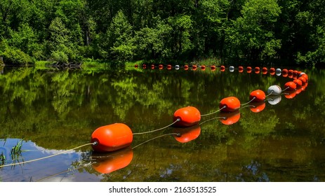 Orange buoys with reflection in river in springtime with copy space