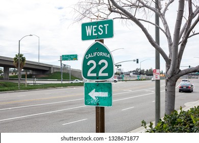 Orange, California/United States - 02/27/19: A Freeway Sign In Orange County Directing Traffic Towards The California 22 Freeway