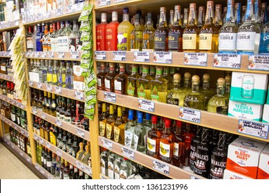 Orange, California/United States - 04/03/19: The Hard Liquor Aisle Of A Grocery Store