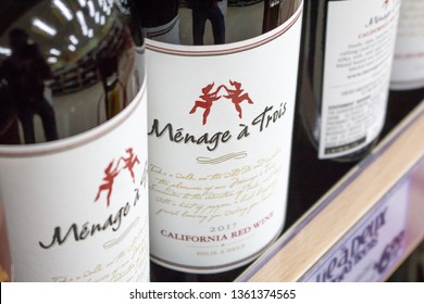 Orange, California/United States - 04/03/19: Several Bottles Of Wine By The Winemaker Menage A Trois