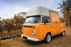 Orange Camper Van Parked In The Park 