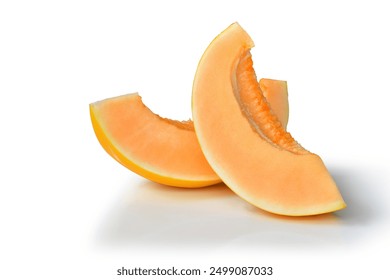 Orange cantaloupe melon fruit sliced  NF Gold Golden Egg, golden melon with orange flesh inside Specially selected imported Japanese melons isolated on white background This has clipping path.