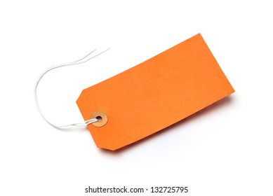 Orange Cardboard Or Paper Luggage Tag With String And Shadow, Isolated On A White Background