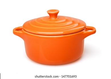 Orange Casserole Dish Or Crock Pot, Isolated On White.