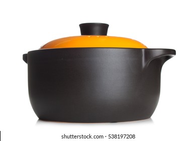 Orange Cast Iron Cooking Pot Isolated On White Background. Casserole Dish..