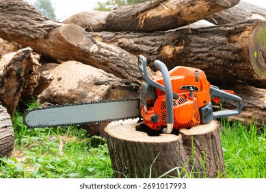 Orange chainsaw lying on a log. Professional equipment