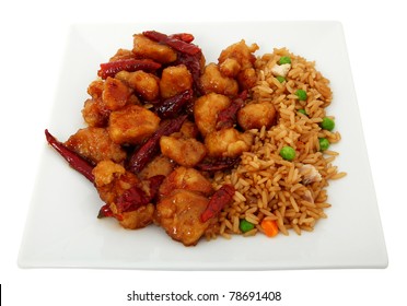 Orange Chicken And Fried Rice Isolated On White Plate