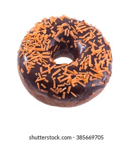 Orange Chocolate Donut With Sprinkles Isolated On White Background Top View