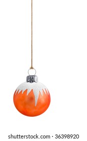 Orange Christmas Bauble With Snow And Silver Clasp And Gold String