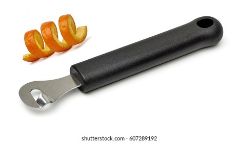 Orange Or Citrus Zester, Channel Knife Or Stripper Twisted Orange Peel Isolated On White Background 

