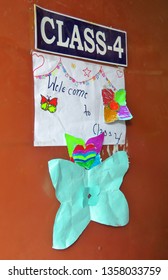 Orange Classroom Door Decorated With Children's Drawings, Class 4, Kathmandu, Nepal