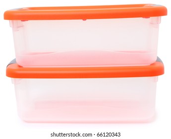 Orange And Clear Plastic Storage Container Bins Stacked Over White Background.