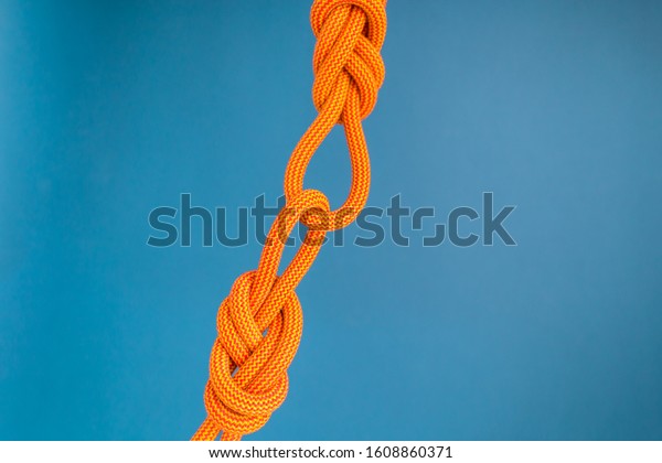 Orange climbing rope. Climbing equipment.\
Knot eight. Noose. Reliable node for belaying. Two ropes connected\
among themselves.