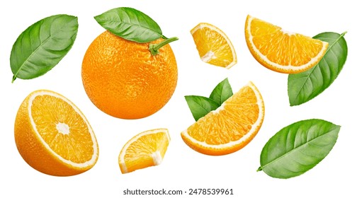 Orange collection. Orange fruit with green leaf isolated on white background. Orange with clipping path