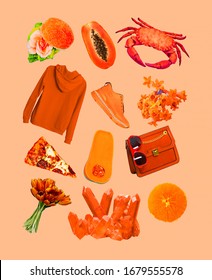 Orange Colour Art Collage Kit. Fashion Objects Aesthetic Set