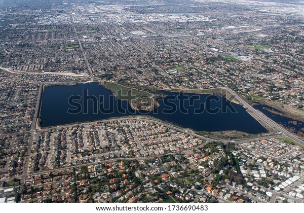 Orange County, California / United States of America -\
January 31 2020: Ariel shot of Santiago creek recharge basin in\
California 