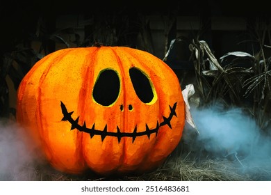 Orange creepy scary pumpkin on stack of hay or straw and smoke floating around. Festival Halloween spooky Jack-o'-lantern pumpkin decoration. Carved Halloween pumpkin. Traditional Halloween pumpkin. - Powered by Shutterstock