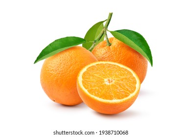 Orange  with cut in half and green leaf isolated on white background.