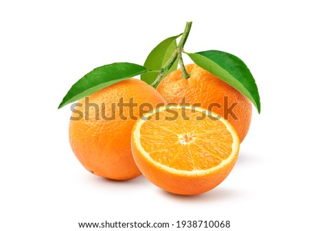 Orange  with cut in half and green leaf isolated on white background.