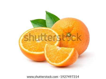Orange  with cut in half and green leaves isolated on white background. 