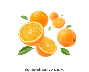 Orange with cut in half and leaves levitate isolated on white background. - Shutterstock ID 2148118499