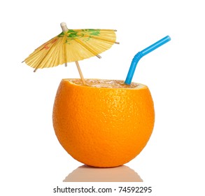 Orange As A Drink With A Straw And Umbrella