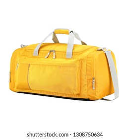 Orange Duffle Bag Isolated on White Background. Side View Foldable Striped Travel Bag with Top Closure and Zippered Compartment. Luggage Handbag