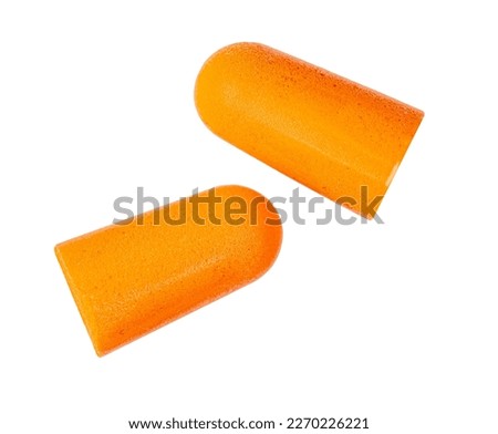 Orange earplugs isolated on white, top view, clipping path