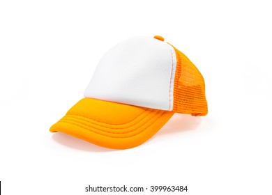 Orange fashion cap on isolated background. Sun protection sport hat for your brand and design.